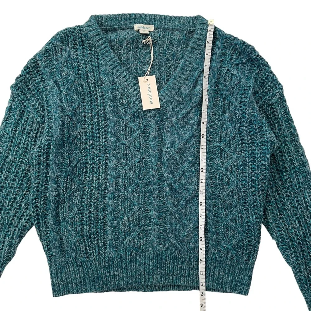 NWT Teal Blue Sundance Marlyse Chunky‎ Cable Knit V Neck Sweater SZ M Fisherman